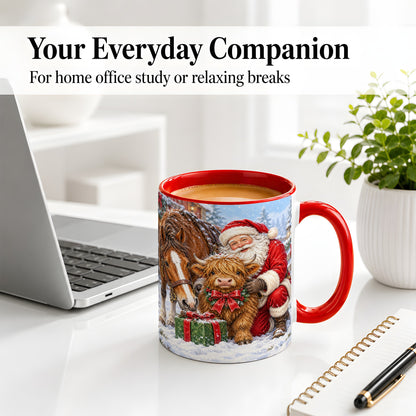 #pl[11oz|Red] Santa Highland Cow Accent Ceramic Mug, Christmas Horse Scene