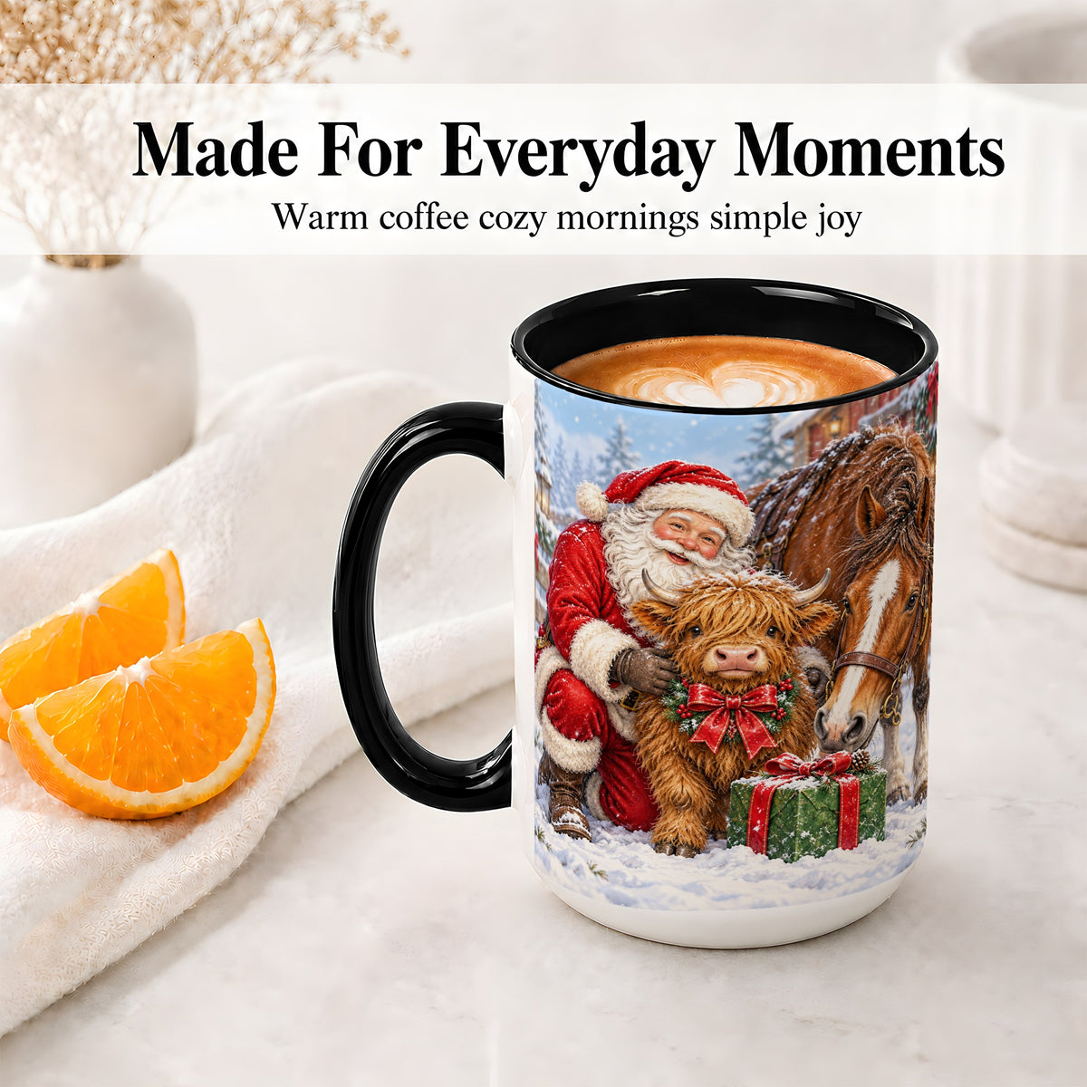 #pl[15oz|Black] Santa Highland Cow Accent Ceramic Mug, Christmas Horse Scene