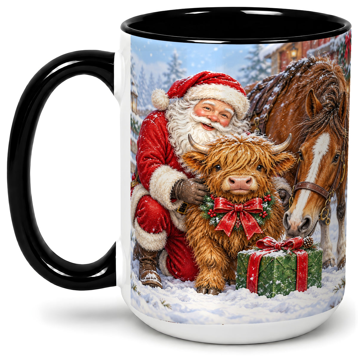 #pl[15oz|Black] Santa Highland Cow Accent Ceramic Mug, Christmas Horse Scene