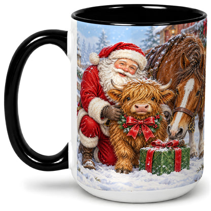 #pl[15oz|Black] Santa Highland Cow Accent Ceramic Mug, Christmas Horse Scene