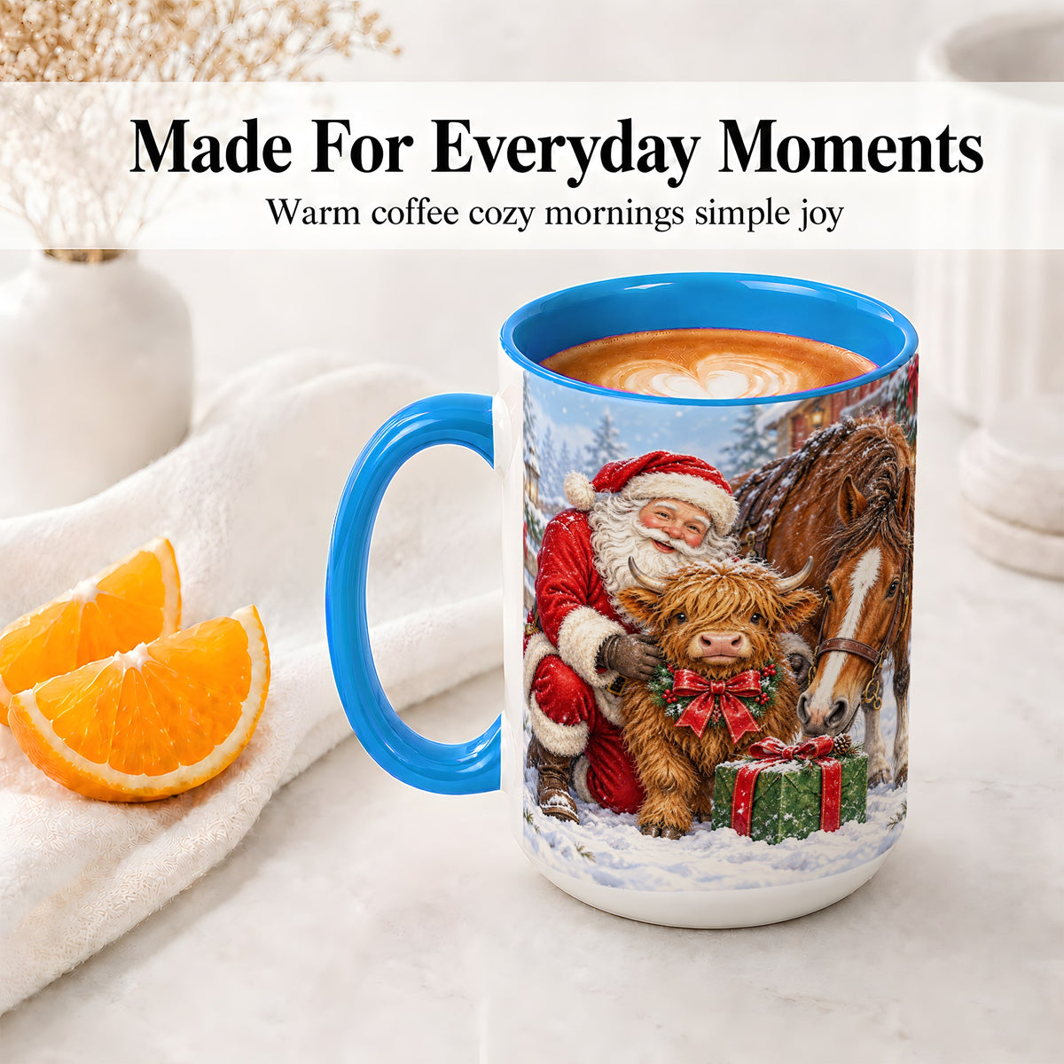 #pl[15oz|Blue] Santa Highland Cow Accent Ceramic Mug, Christmas Horse Scene
