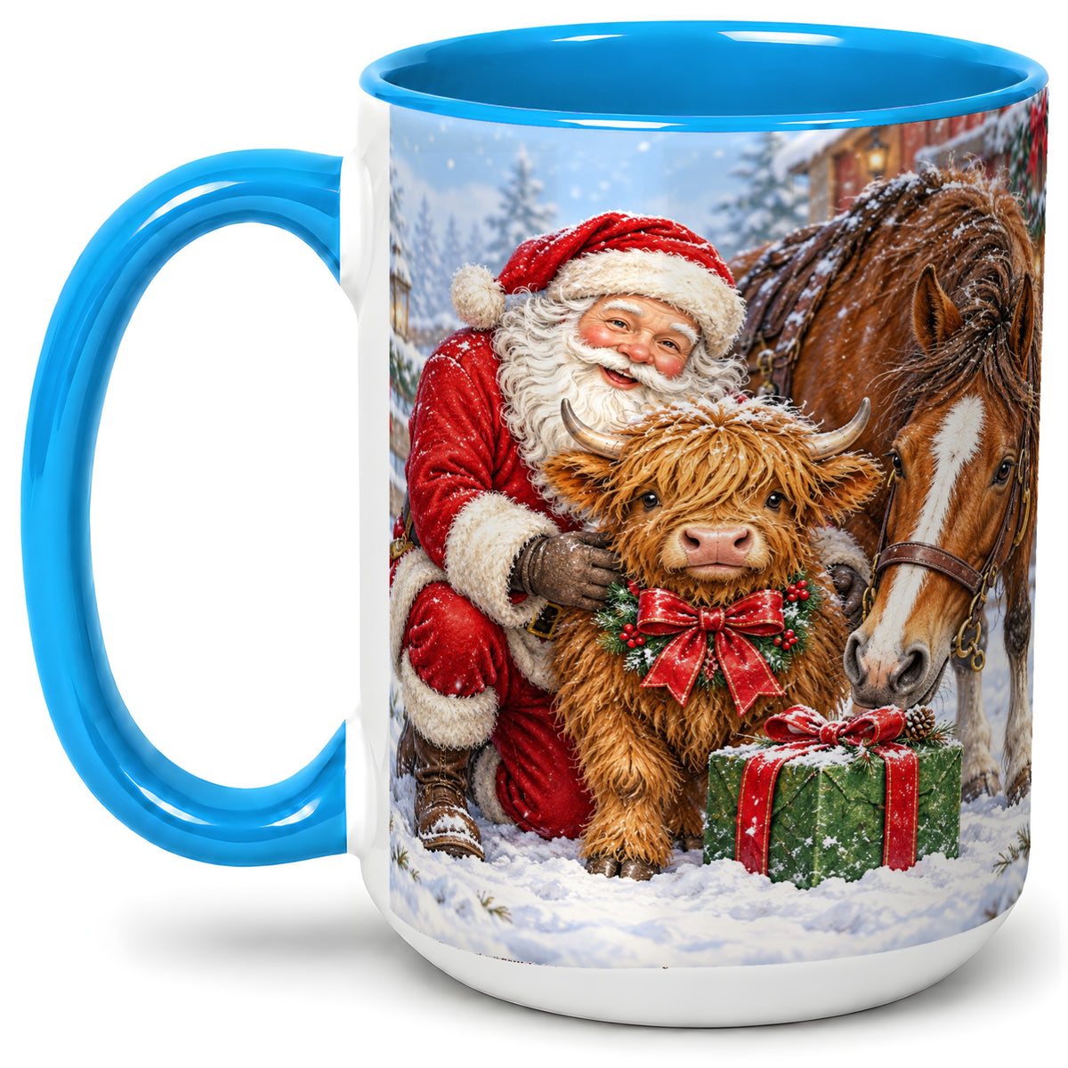#pl[15oz|Blue] Santa Highland Cow Accent Ceramic Mug, Christmas Horse Scene