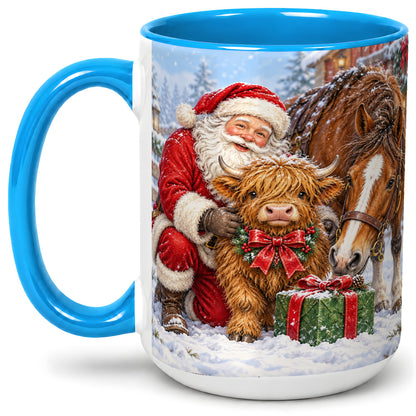#pl[15oz|Blue] Santa Highland Cow Accent Ceramic Mug, Christmas Horse Scene