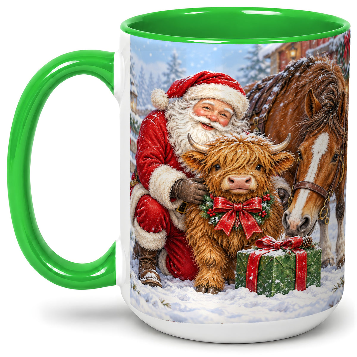 #pl[15oz|Green] Santa Highland Cow Accent Ceramic Mug, Christmas Horse Scene