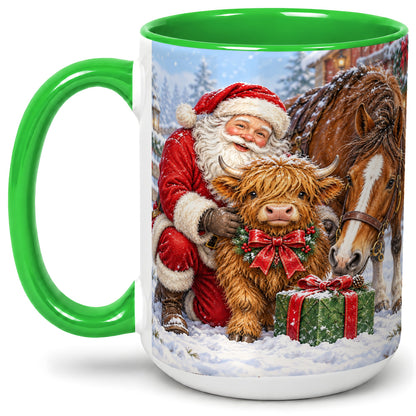 #pl[15oz|Green] Santa Highland Cow Accent Ceramic Mug, Christmas Horse Scene