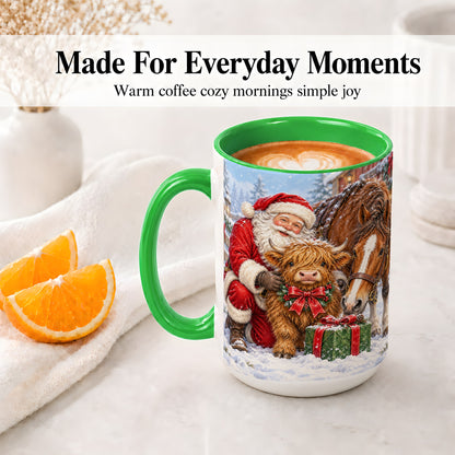 #pl[15oz|Green] Santa Highland Cow Accent Ceramic Mug, Christmas Horse Scene