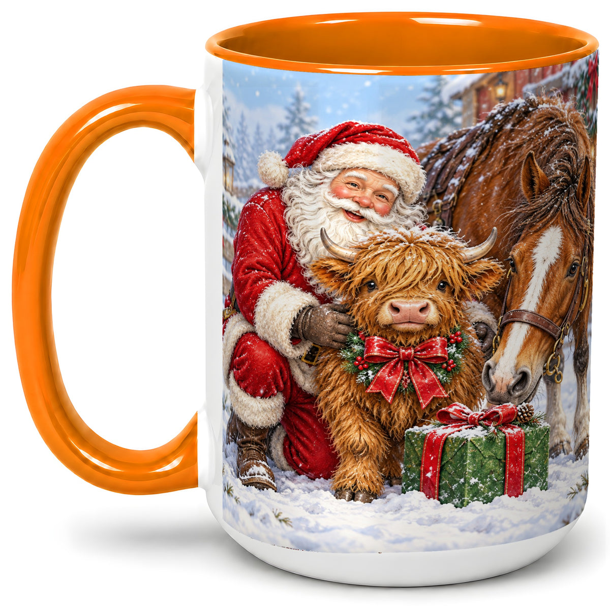 #pl[15oz|Orange] Santa Highland Cow Accent Ceramic Mug, Christmas Horse Scene