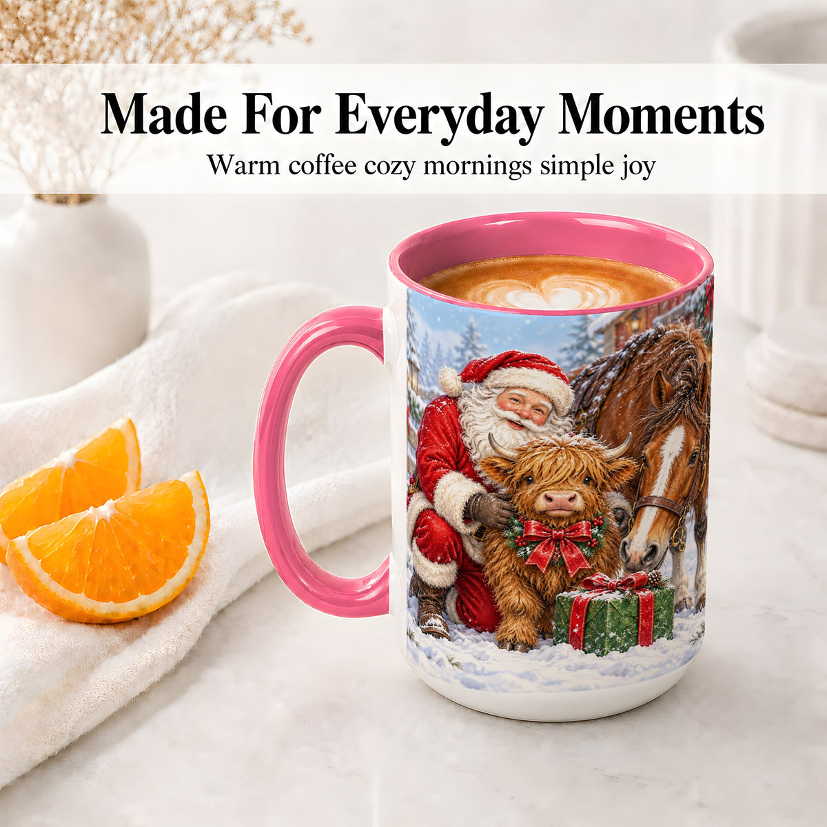 #pl[15oz|Pink] Santa Highland Cow Accent Ceramic Mug, Christmas Horse Scene