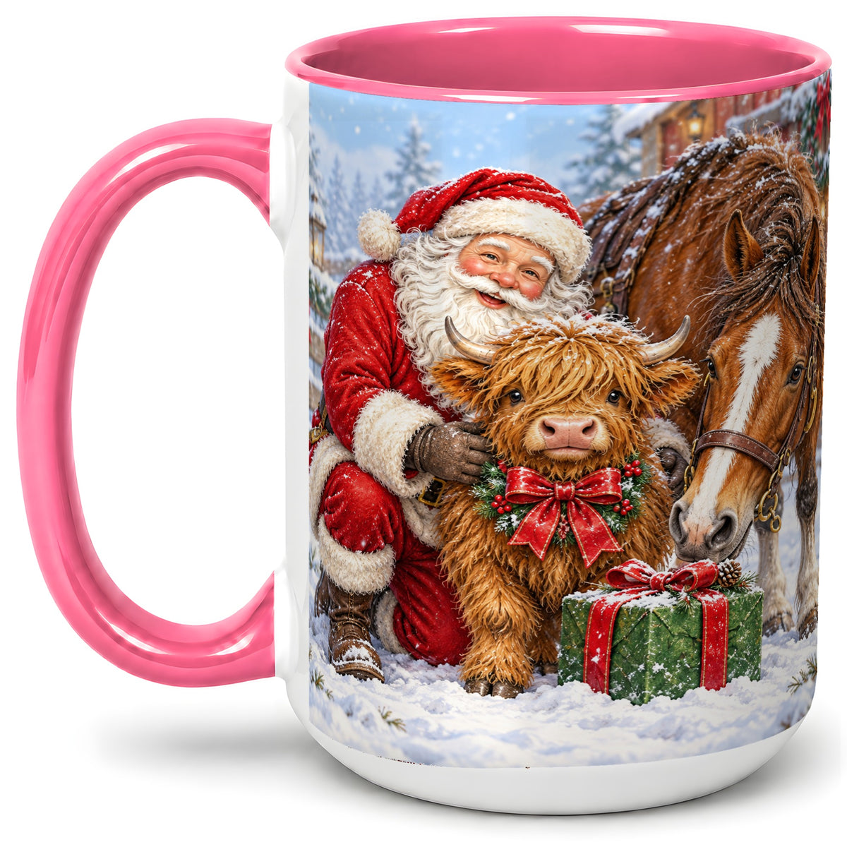 #pl[15oz|Pink] Santa Highland Cow Accent Ceramic Mug, Christmas Horse Scene