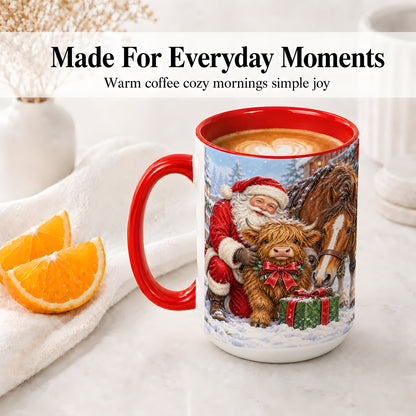 #pl[15oz|Red] Santa Highland Cow Accent Ceramic Mug, Christmas Horse Scene