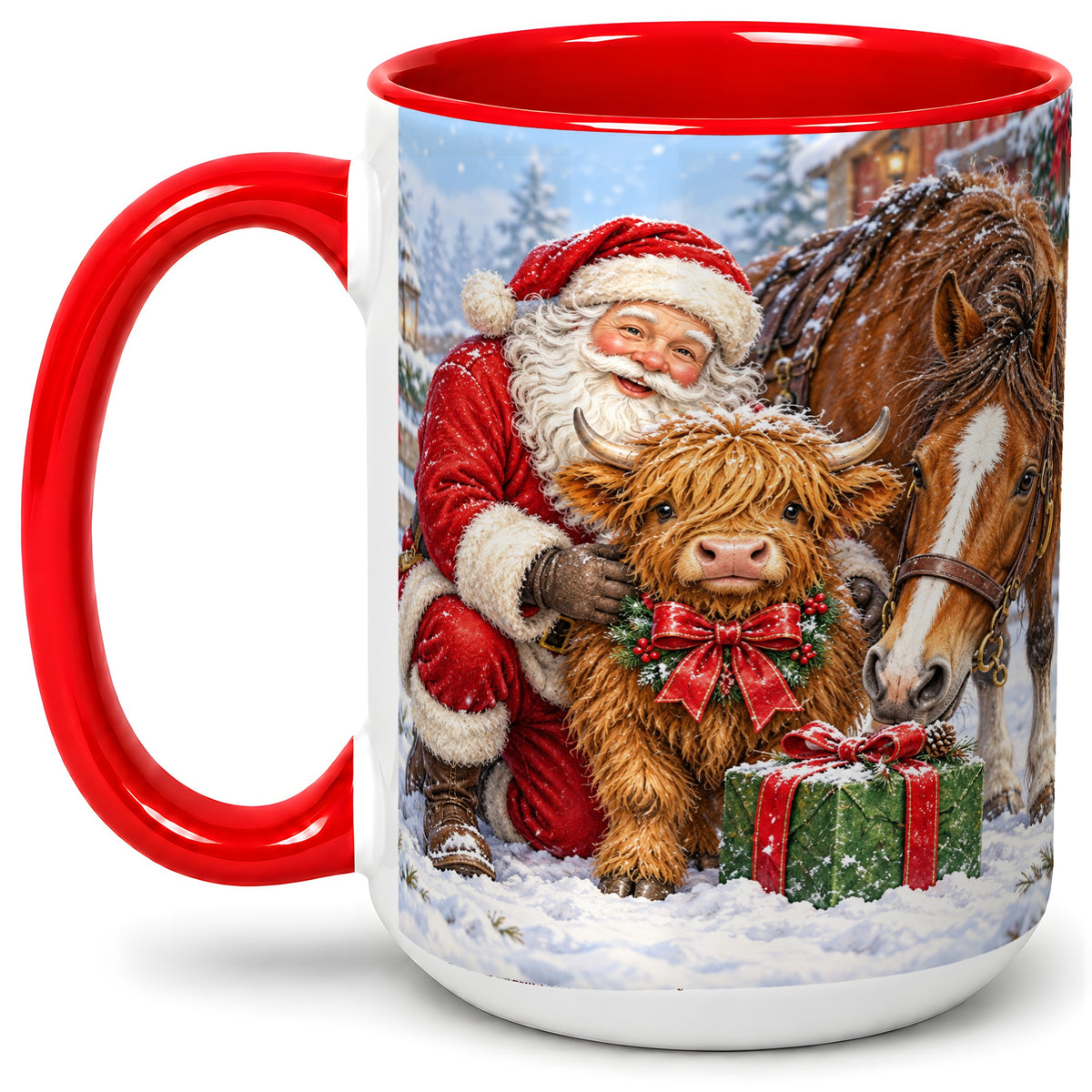 #pl[15oz|Red] Santa Highland Cow Accent Ceramic Mug, Christmas Horse Scene