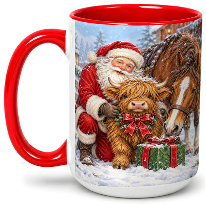 #pl[15oz|Red] Santa Highland Cow Accent Ceramic Mug, Christmas Horse Scene
