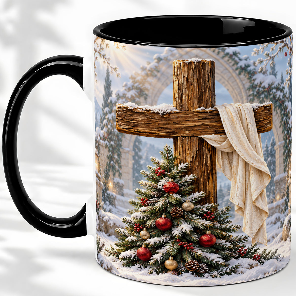 #pl[11oz|Black] Christmas Cross Accent Ceramic Mug, Snowy Winter Scene