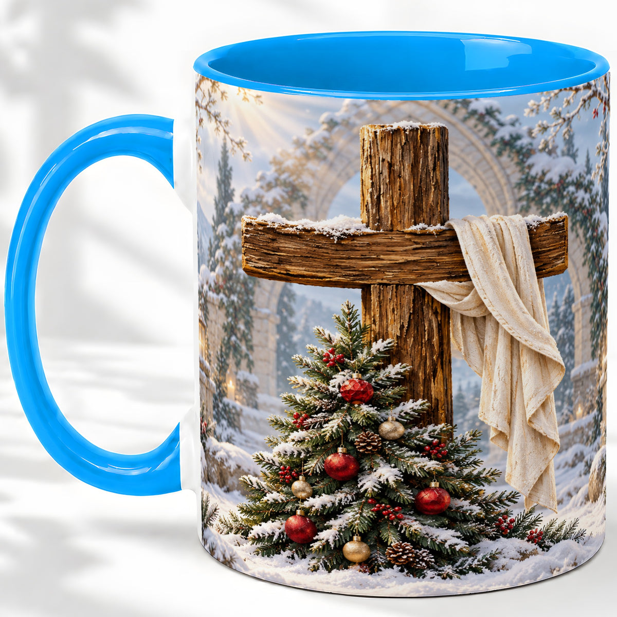 #pl[11oz|Blue] Christmas Cross Accent Ceramic Mug, Snowy Winter Scene