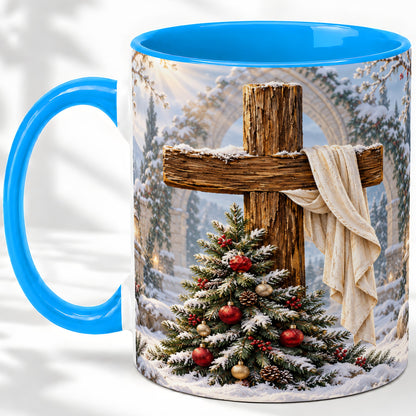 #pl[11oz|Blue] Christmas Cross Accent Ceramic Mug, Snowy Winter Scene