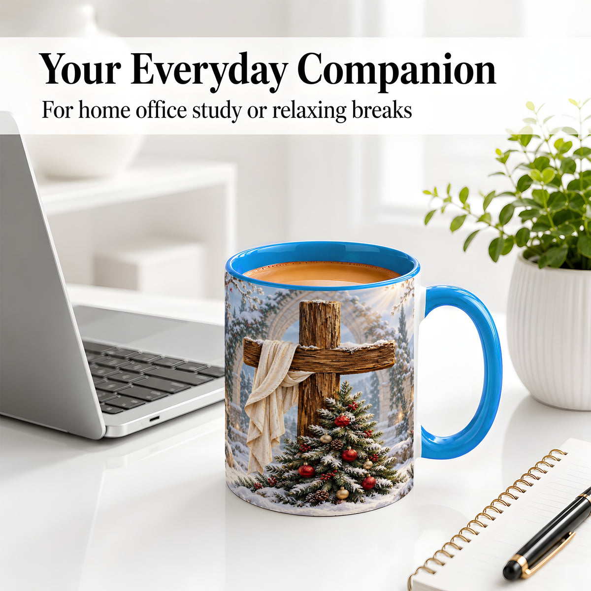 #pl[11oz|Blue] Christmas Cross Accent Ceramic Mug, Snowy Winter Scene