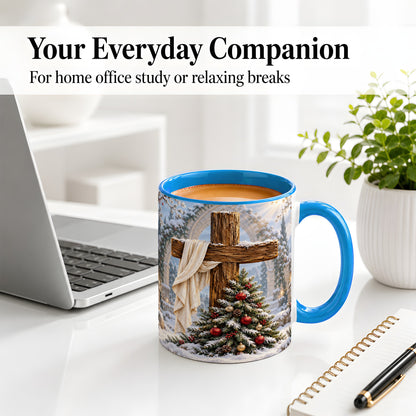 #pl[11oz|Blue] Christmas Cross Accent Ceramic Mug, Snowy Winter Scene
