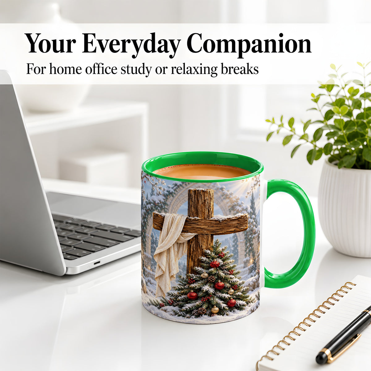 #pl[11oz|Green] Christmas Cross Accent Ceramic Mug, Snowy Winter Scene