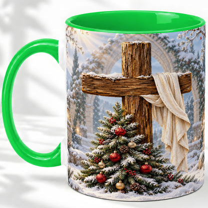 #pl[11oz|Green] Christmas Cross Accent Ceramic Mug, Snowy Winter Scene