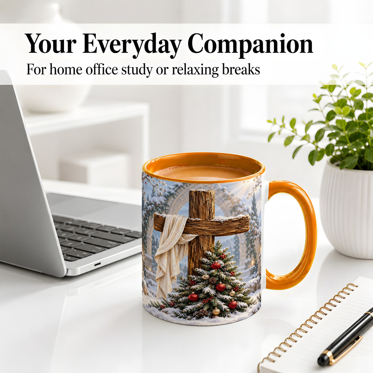 #pl[11oz|Orange] Christmas Cross Accent Ceramic Mug, Snowy Winter Scene