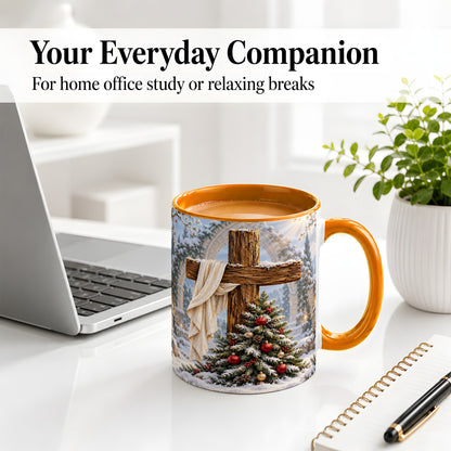 #pl[11oz|Orange] Christmas Cross Accent Ceramic Mug, Snowy Winter Scene