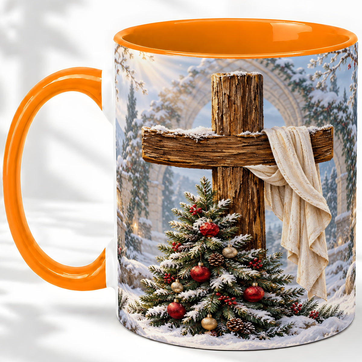 #pl[11oz|Orange] Christmas Cross Accent Ceramic Mug, Snowy Winter Scene
