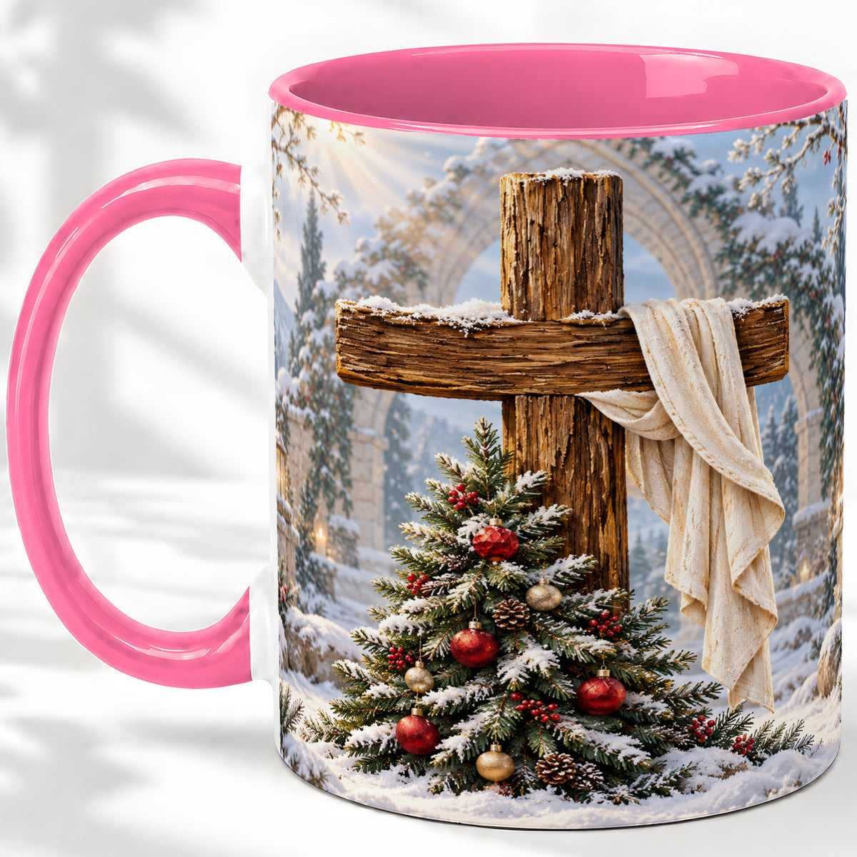 #pl[11oz|Pink] Christmas Cross Accent Ceramic Mug, Snowy Winter Scene
