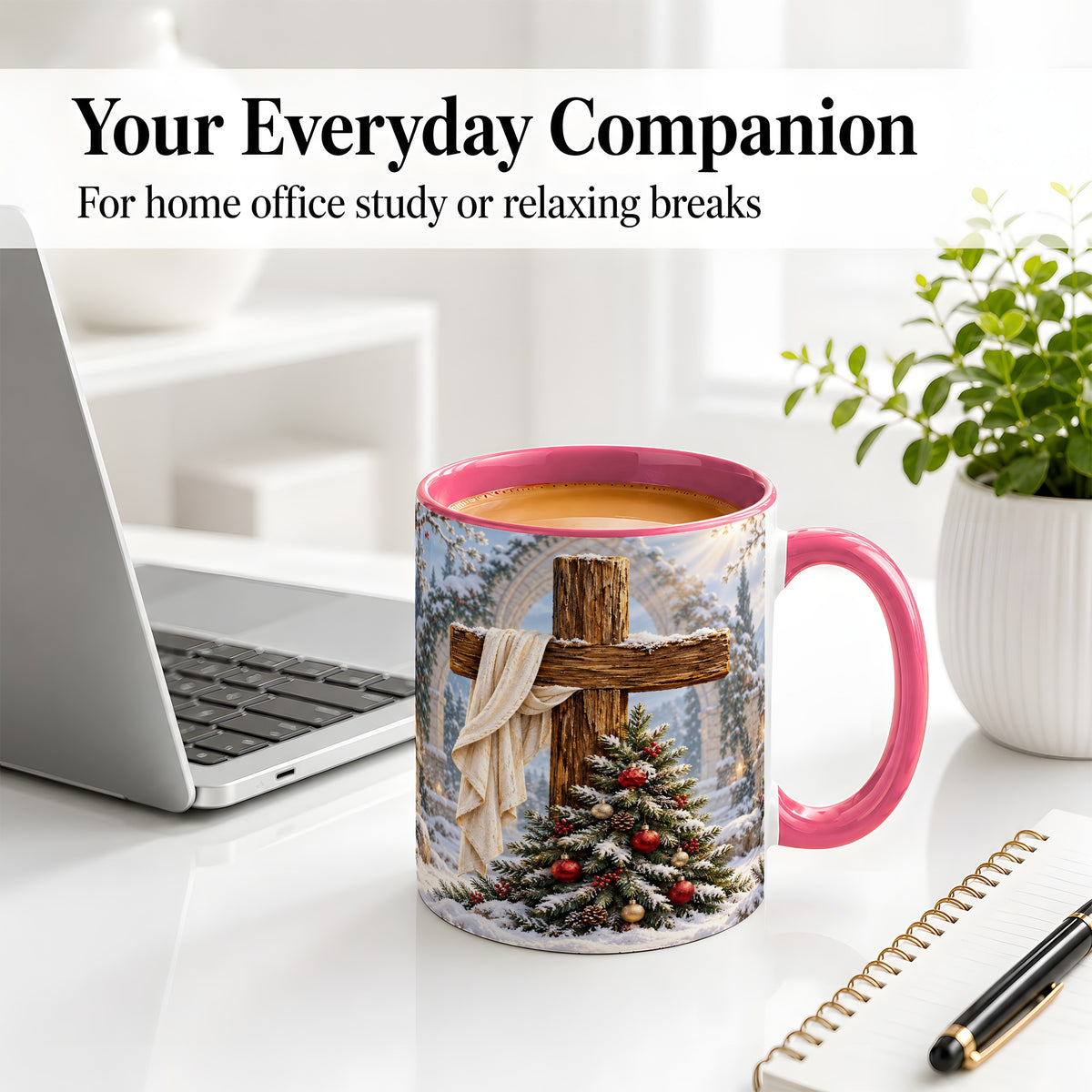 #pl[11oz|Pink] Christmas Cross Accent Ceramic Mug, Snowy Winter Scene