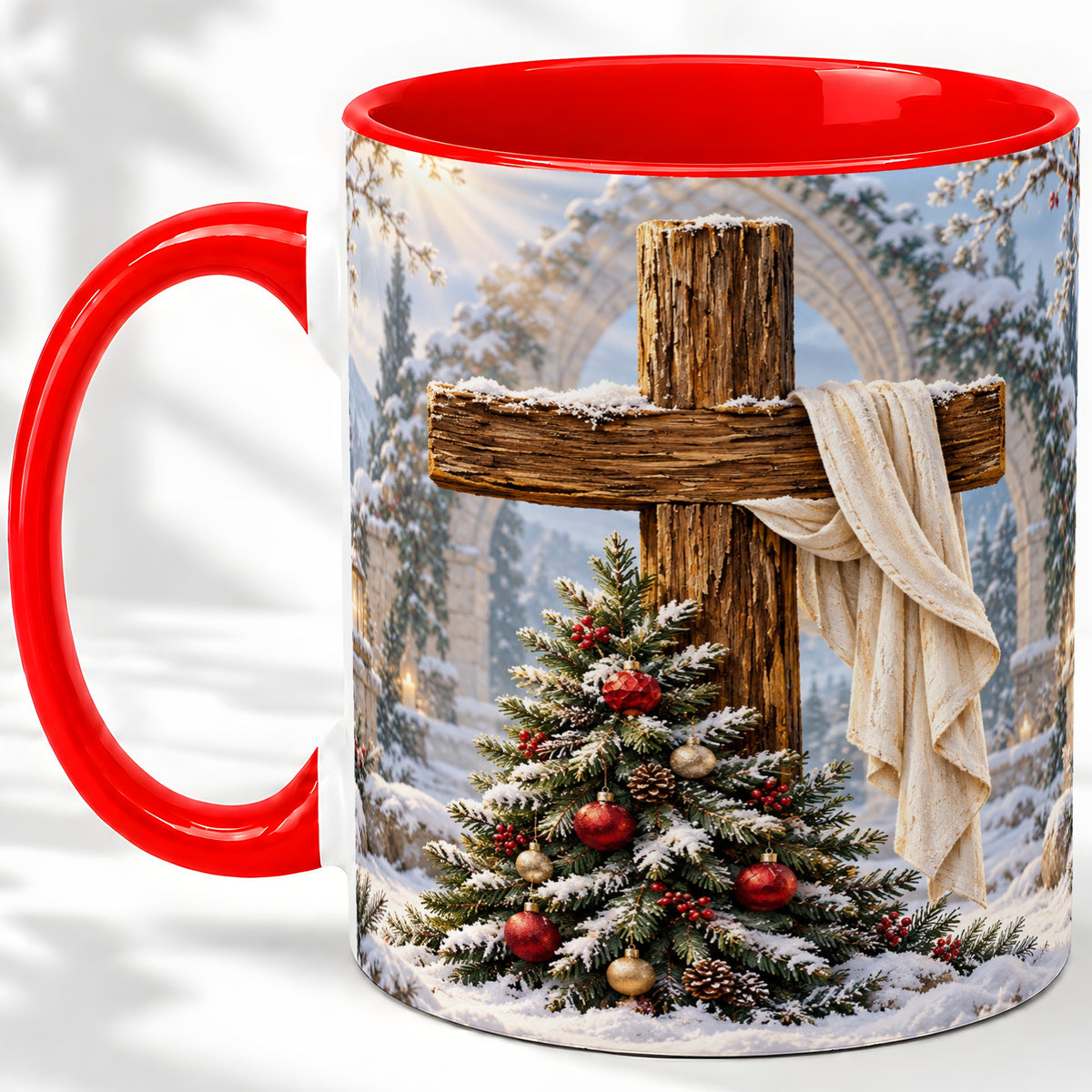 Christmas Cross Accent Ceramic Mug, Snowy Winter Scene