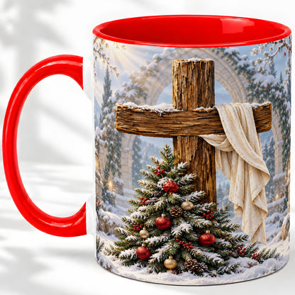 Christmas Cross Accent Ceramic Mug, Snowy Winter Scene