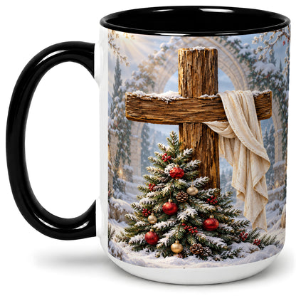 #pl[15oz|Black] Christmas Cross Accent Ceramic Mug, Snowy Winter Scene