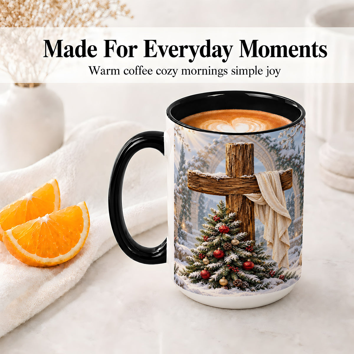 #pl[15oz|Black] Christmas Cross Accent Ceramic Mug, Snowy Winter Scene