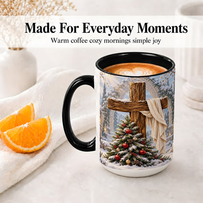 #pl[15oz|Black] Christmas Cross Accent Ceramic Mug, Snowy Winter Scene