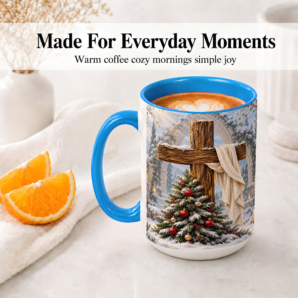 #pl[15oz|Blue] Christmas Cross Accent Ceramic Mug, Snowy Winter Scene