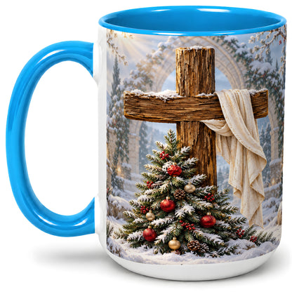#pl[15oz|Blue] Christmas Cross Accent Ceramic Mug, Snowy Winter Scene