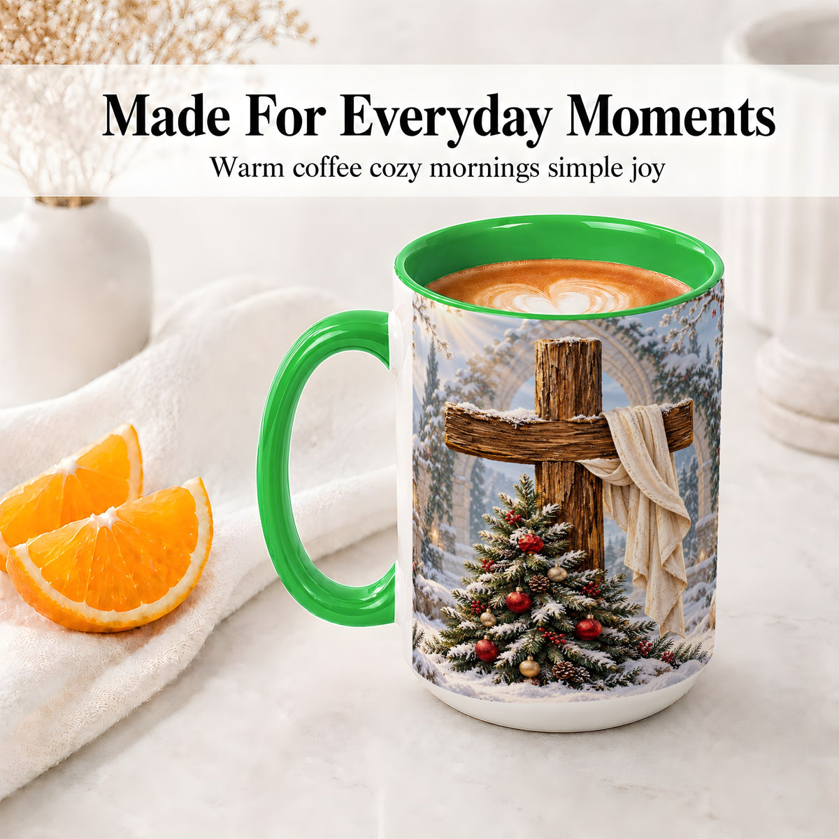 #pl[15oz|Green] Christmas Cross Accent Ceramic Mug, Snowy Winter Scene