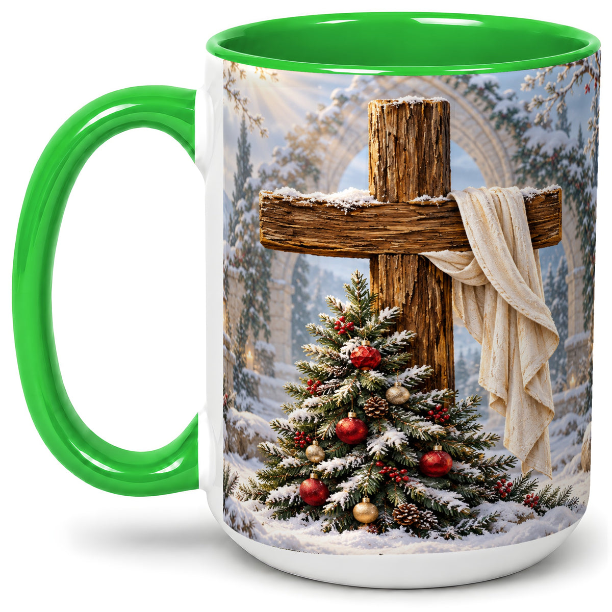 #pl[15oz|Green] Christmas Cross Accent Ceramic Mug, Snowy Winter Scene