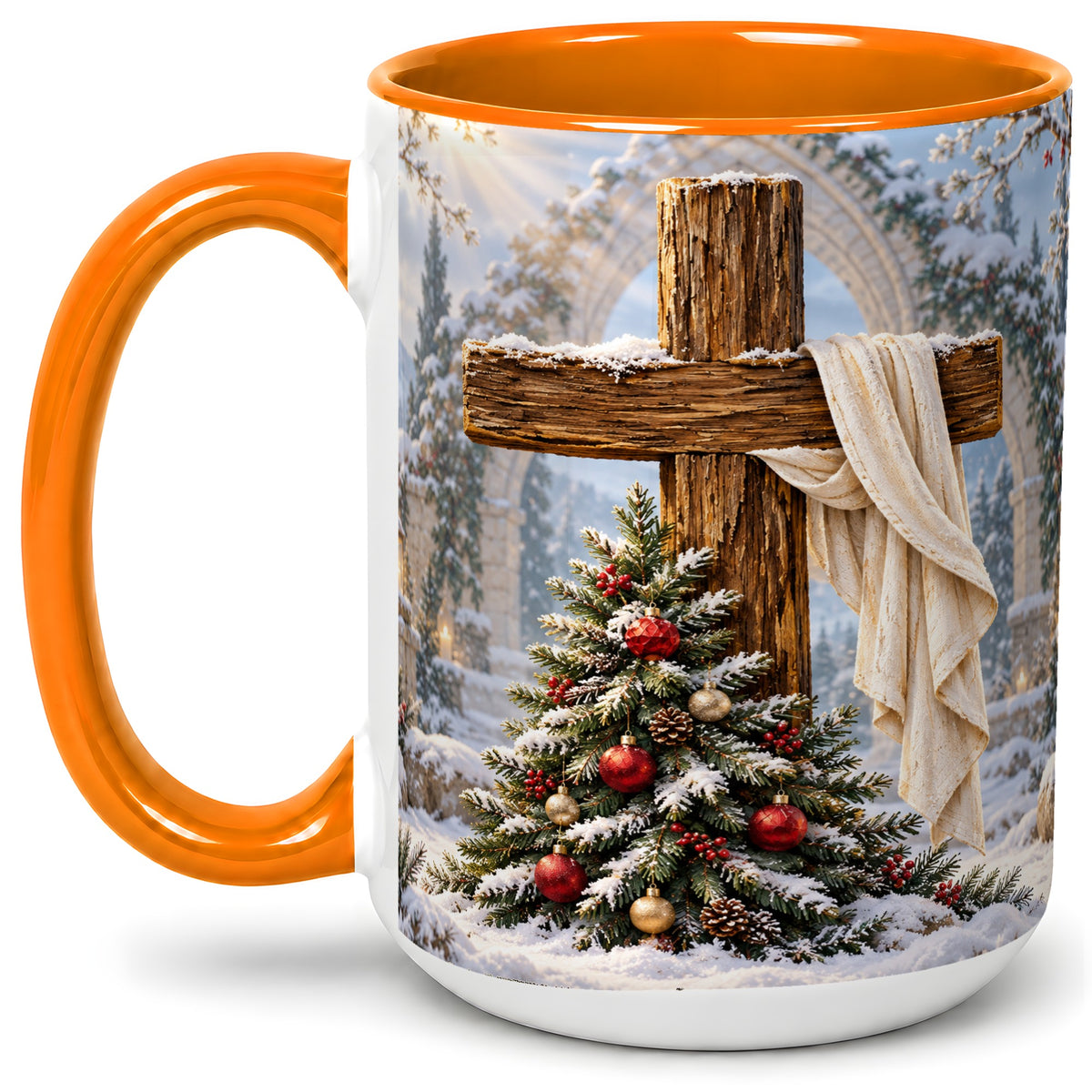#pl[15oz|Orange] Christmas Cross Accent Ceramic Mug, Snowy Winter Scene