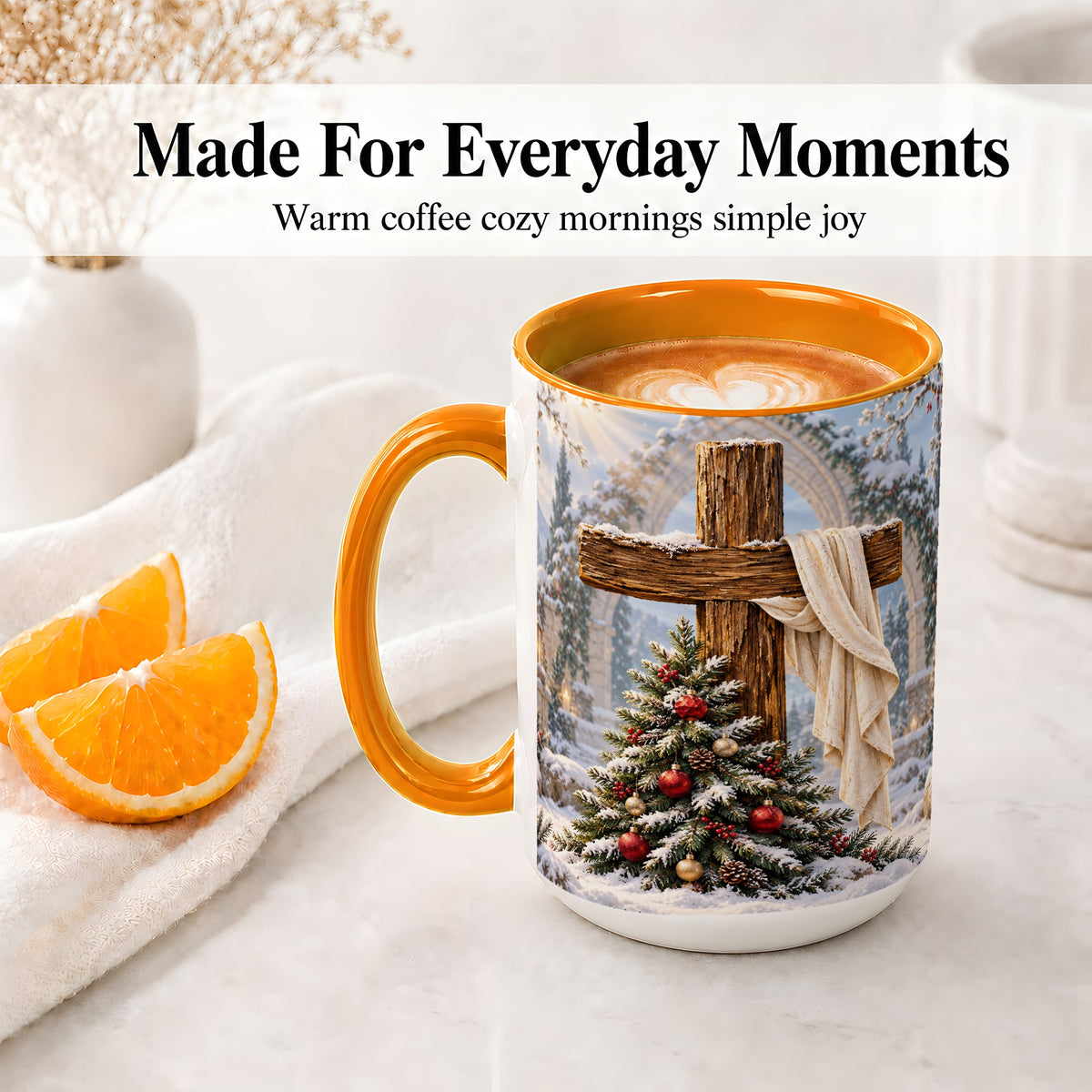 #pl[15oz|Orange] Christmas Cross Accent Ceramic Mug, Snowy Winter Scene