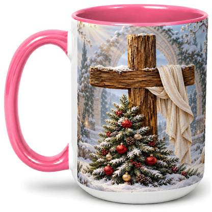 #pl[15oz|Pink] Christmas Cross Accent Ceramic Mug, Snowy Winter Scene