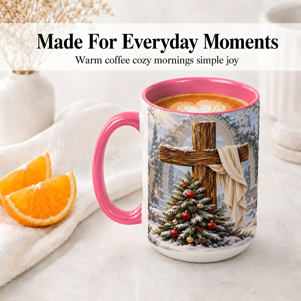 #pl[15oz|Pink] Christmas Cross Accent Ceramic Mug, Snowy Winter Scene
