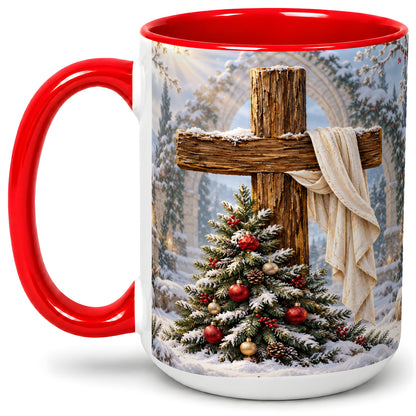 #pl[15oz|Red] Christmas Cross Accent Ceramic Mug, Snowy Winter Scene