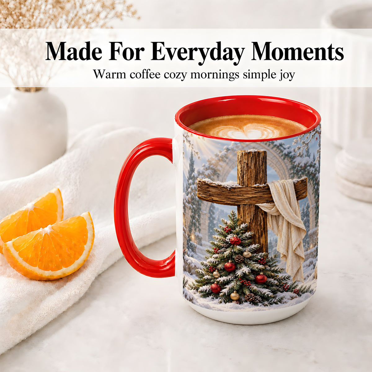 #pl[15oz|Red] Christmas Cross Accent Ceramic Mug, Snowy Winter Scene
