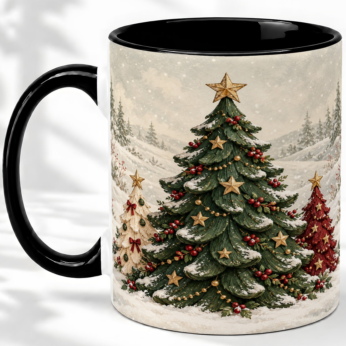 #pl[11oz|Black] Christmas Tree Trio Accent Ceramic Mug, Snowy Winter Art