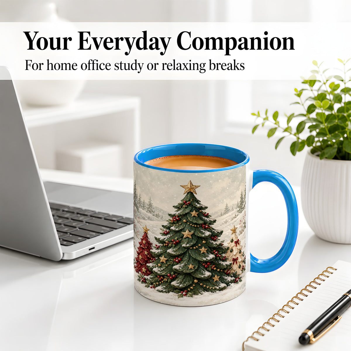 #pl[11oz|Blue] Christmas Tree Trio Accent Ceramic Mug, Snowy Winter Art