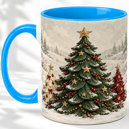 #pl[11oz|Blue] Christmas Tree Trio Accent Ceramic Mug, Snowy Winter Art