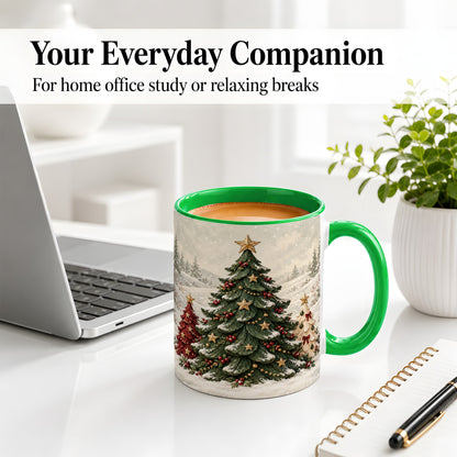 #pl[11oz|Green] Christmas Tree Trio Accent Ceramic Mug, Snowy Winter Art