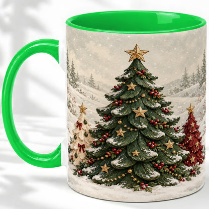 #pl[11oz|Green] Christmas Tree Trio Accent Ceramic Mug, Snowy Winter Art