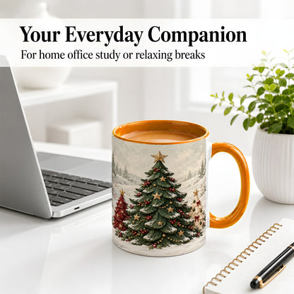 #pl[11oz|Orange] Christmas Tree Trio Accent Ceramic Mug, Snowy Winter Art