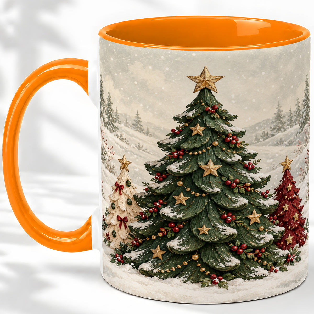 #pl[11oz|Orange] Christmas Tree Trio Accent Ceramic Mug, Snowy Winter Art